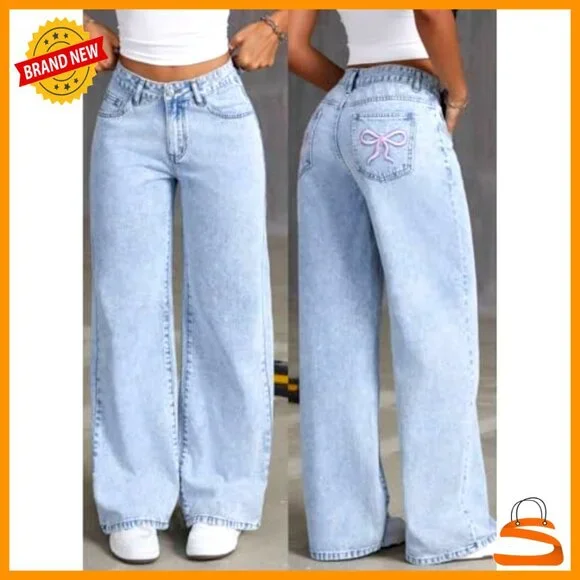 High Waisted Straight Leg Baggy Jeans for Girls Denim Bow Pants - Picture 5 of 6